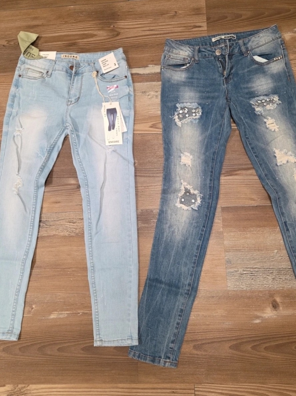 Encore Jeans Women's Skinny Jeans - Light Blue & Medium Blue Distressed